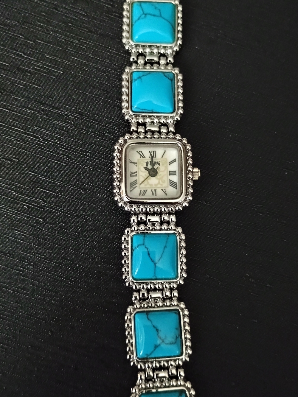 Vintage 1928 Turquoise Stone Silver-Tone Women's Bracelet Watch